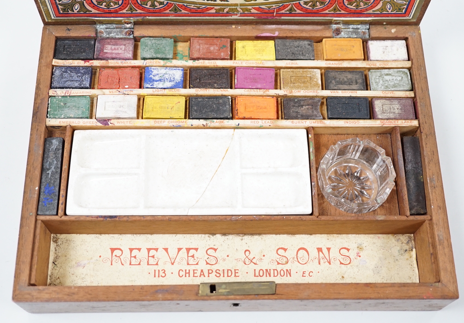 A Reeves and Sons mahogany artist's watercolour box, with fitted interior, 26cm wide, 19cm deep